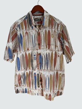 Kahala 1936 Mens Surfboard Print Button-Up Shirt L 100% Cotton